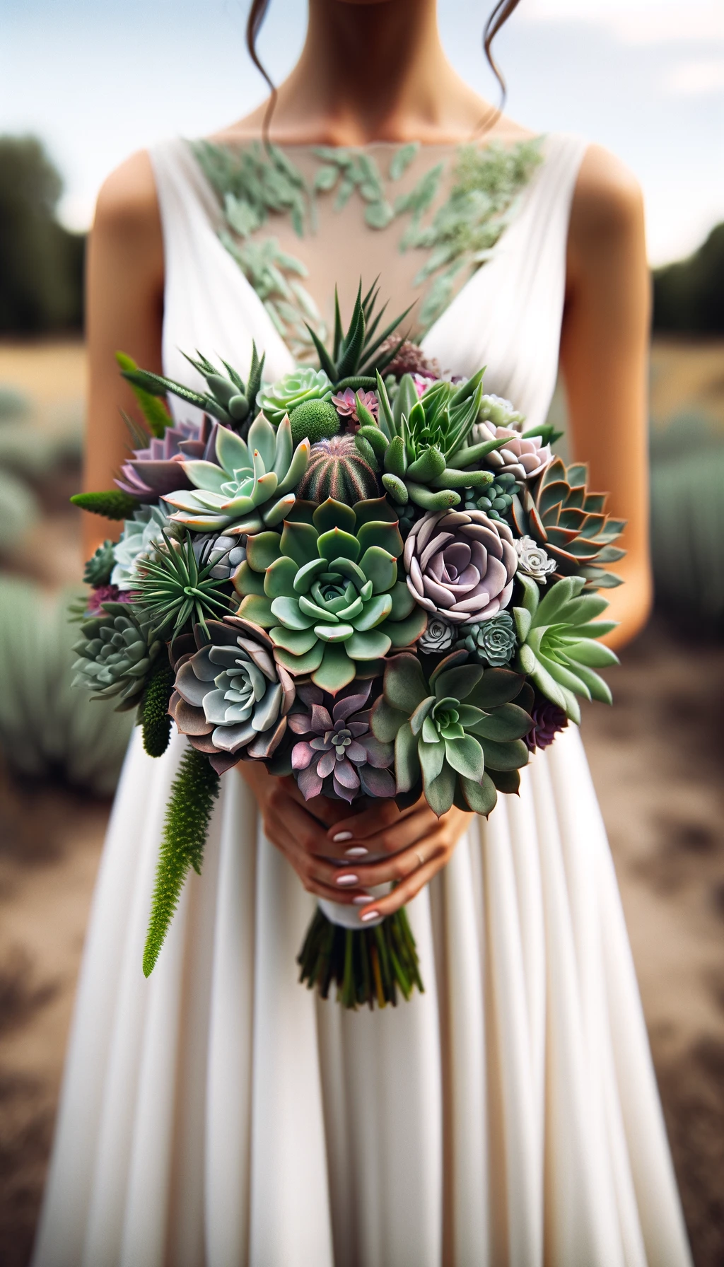Image of a bride in a white dress holding a lush wedding bouquet of succulents including Echeveria, Sempervivum, and Sedum, featuring green, purple, and pink hues, set against a serene outdoor backdrop