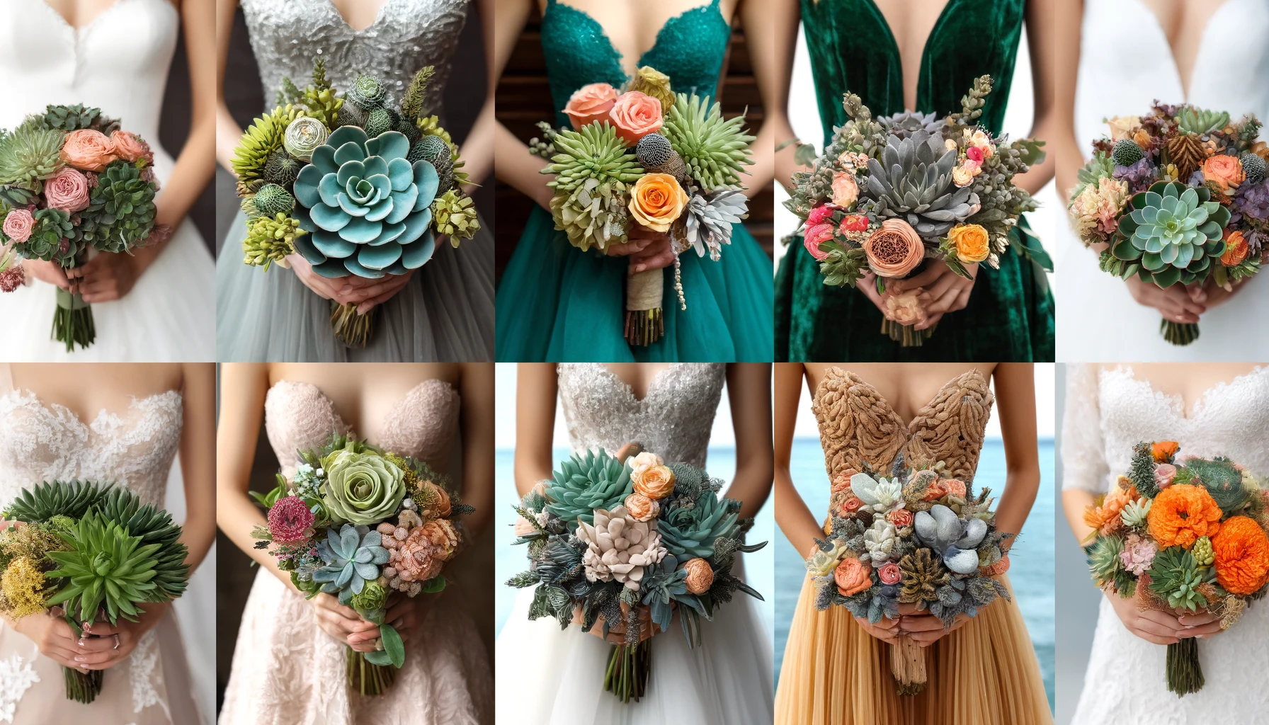 Image showcasing four different succulent wedding bouquets, each tailored to a specific wedding theme. One bouquet features an assortment of green succulents for a modern look, another combines vibrant succulents with roses, peonies, and dahlias for a mixed bouquet. The third bouquet includes rustic elements like wildflowers and wooden accents, and the fourth is beach-themed with seashells and coral-like succulents. Each bouquet is held by a bride dressed in a theme-coordinating wedding gown.