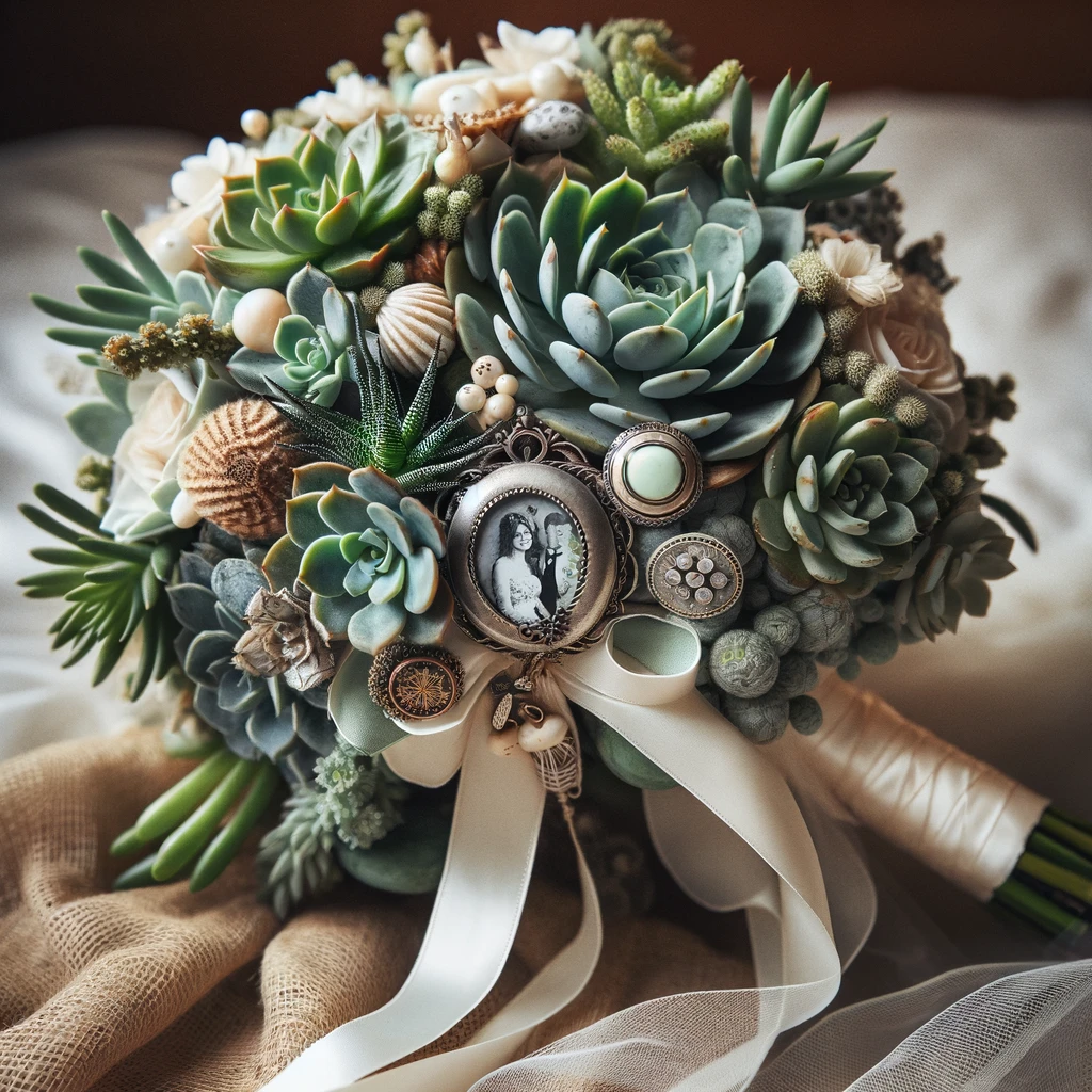 Customized succulent wedding bouquet featuring Echeveria, Sempervivum, and Jade plant, adorned with a white satin ribbon, vintage brooches, and a locket with family photos. The bouquet includes rustic burlap and small shells for themed accents, symbolizing enduring love, protection, and prosperity, set against a romantic wedding backdrop