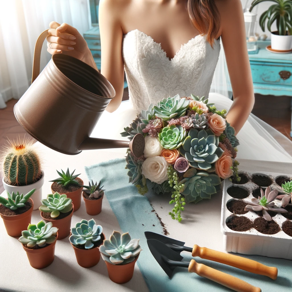 A bride in a bright room carefully watering a succulent wedding bouquet, demonstrating pre-wedding care. The bouquet includes various succulents like Echeveria and Sempervivum. Adjacent to her, a table is set with repotting supplies such as soil, pots, and gardening tools, illustrating preparations for post-wedding uses and the sustainable transition into home gardening