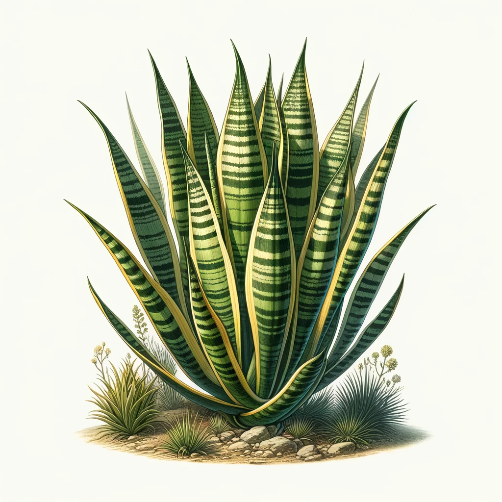 Botanical illustration of a mature Sansevieria trifasciata (snake plant) showing its upright, sword-like leaves with green bands and a cream border, set against a semi-arid backdrop with sparse vegetation and rocky terrain, emphasizing its adaptability and resilience