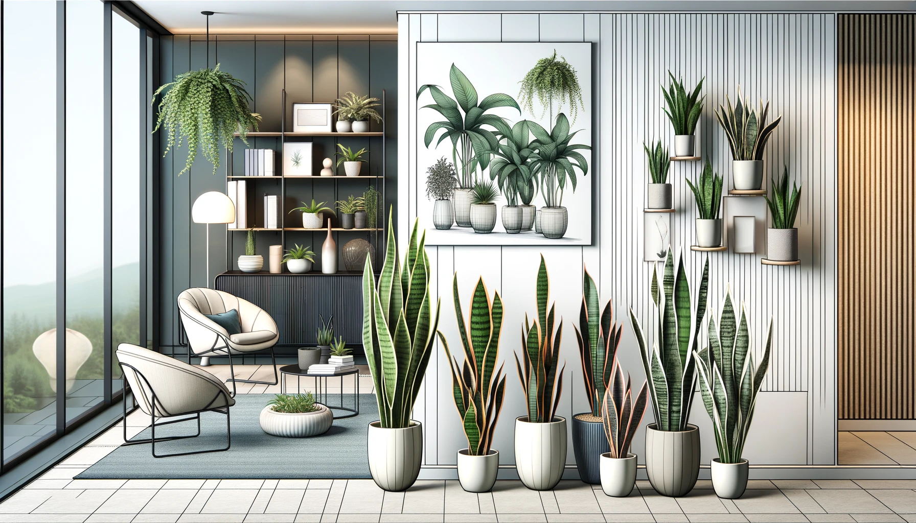 Elegant indoor display of diverse snake plant varieties including Dracaena trifasciata 'Laurentii', Dracaena cylindrica, and Dracaena masoniana (Whale Fin) in contemporary styled pots, arranged in a chic, well-lit room with modern decor and sleek furniture, emphasizing the unique leaf shapes and color patterns of each variety.