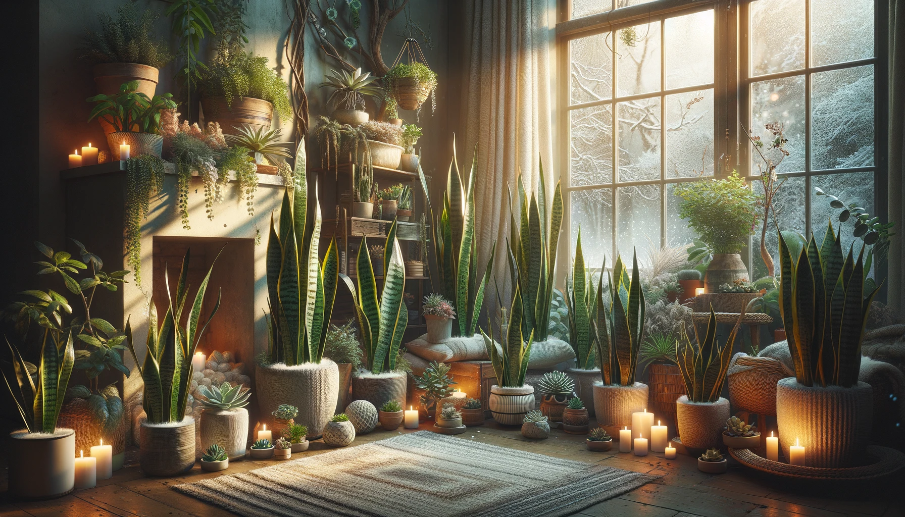 Indoor garden scene with a collection of snake plants and other succulents arranged for overwintering. The plants are strategically placed in a cozy, well-lit indoor space to maximize warmth and light exposure during the colder months, highlighting the tranquility and careful care of these resilient plants