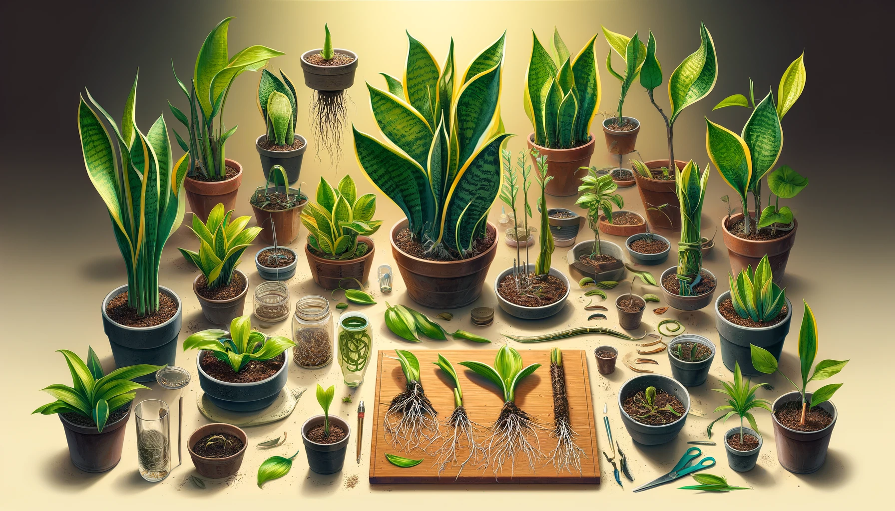 Vibrant display of snake plant propagation by division and leaf cuttings, with various pots showing stages from initial cuttings to young plants with emerging roots and mature propagated plants. The indoor gardening setup is well-organized and visually appealing, clearly showcasing the propagation process and emphasizing the healthy growth of the snake plants.
