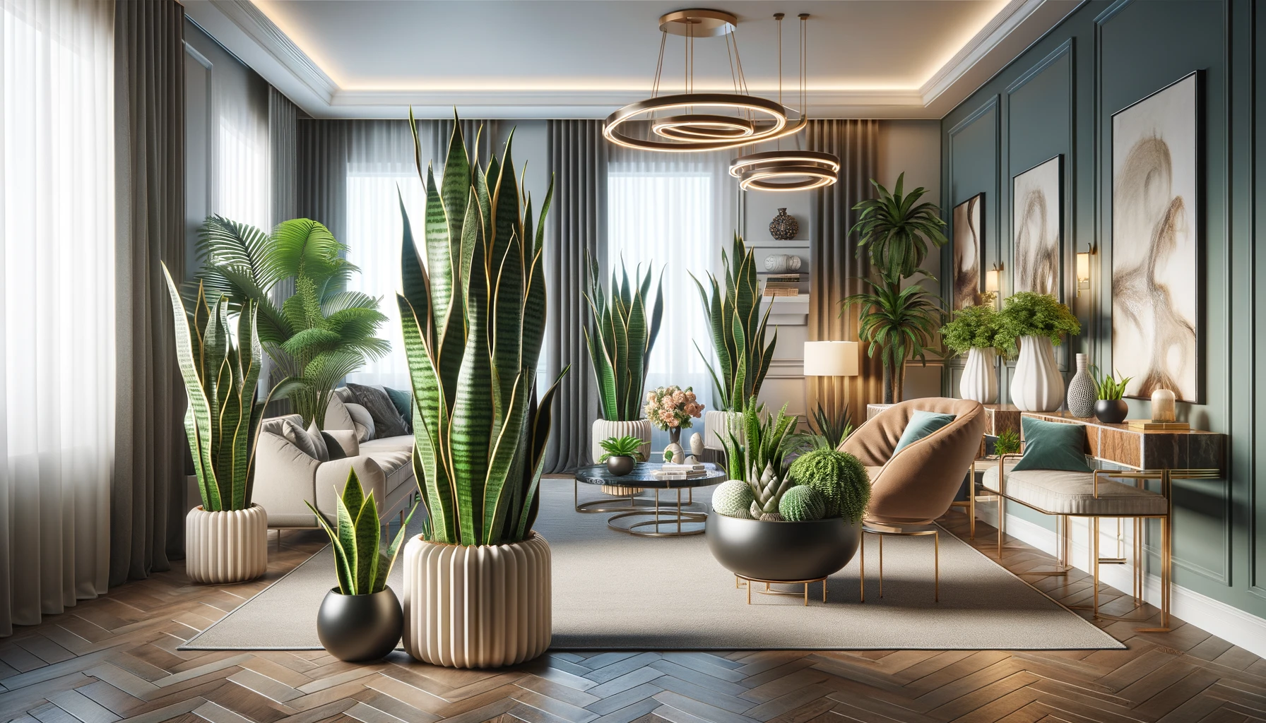 Hyper-realistic image of various succulent snake plants in elegant pots, strategically placed in a luxurious living room with modern decor, stylish furniture, and ambient lighting. The distinctive stiff, upright leaves of the snake plants add a touch of lush greenery to the sophisticated environment, enhancing the aesthetic appeal of the space.