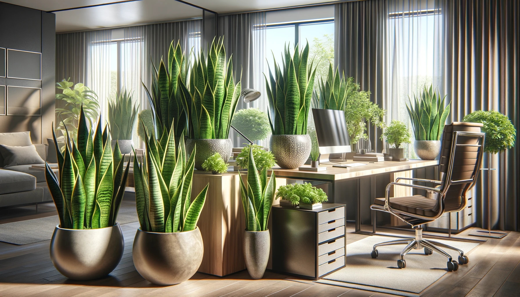 Hyper-realistic image of diverse succulent snake plants in elegant ceramic and glass pots, set in a contemporary home office. The office features a sleek desk, high-tech gadgets, and large windows with sheer curtains that allow natural light to accentuate the vibrant green leaves of the plants. The setup creates a calming and stylish atmosphere, enhancing the workspace with a refreshing natural element.