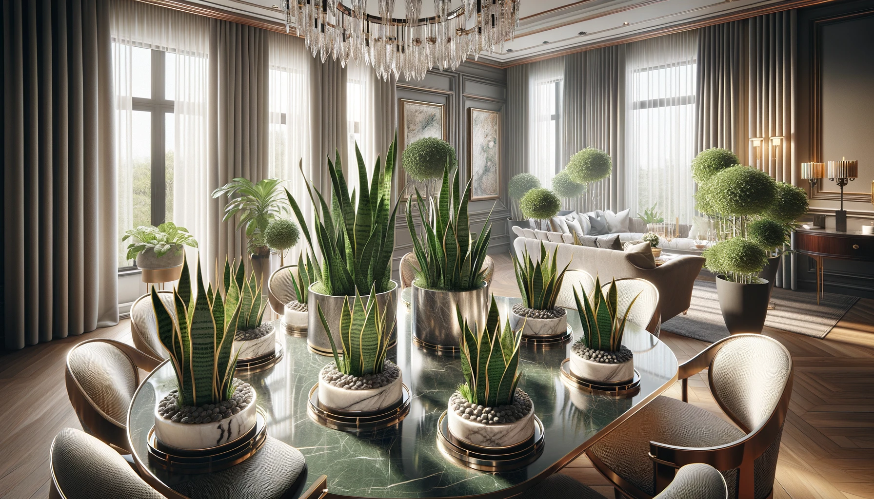 Hyper-realistic image of succulent snake plants in luxurious metal and marble pots, enhancing a sophisticated dining room. The setting includes an elegant glass dining table, plush chairs, and warm lighting that invites a cozy atmosphere. Large draped windows and tasteful artwork contribute to the refined decor, with the lush green snake plants adding vibrancy and a touch of nature to the space
