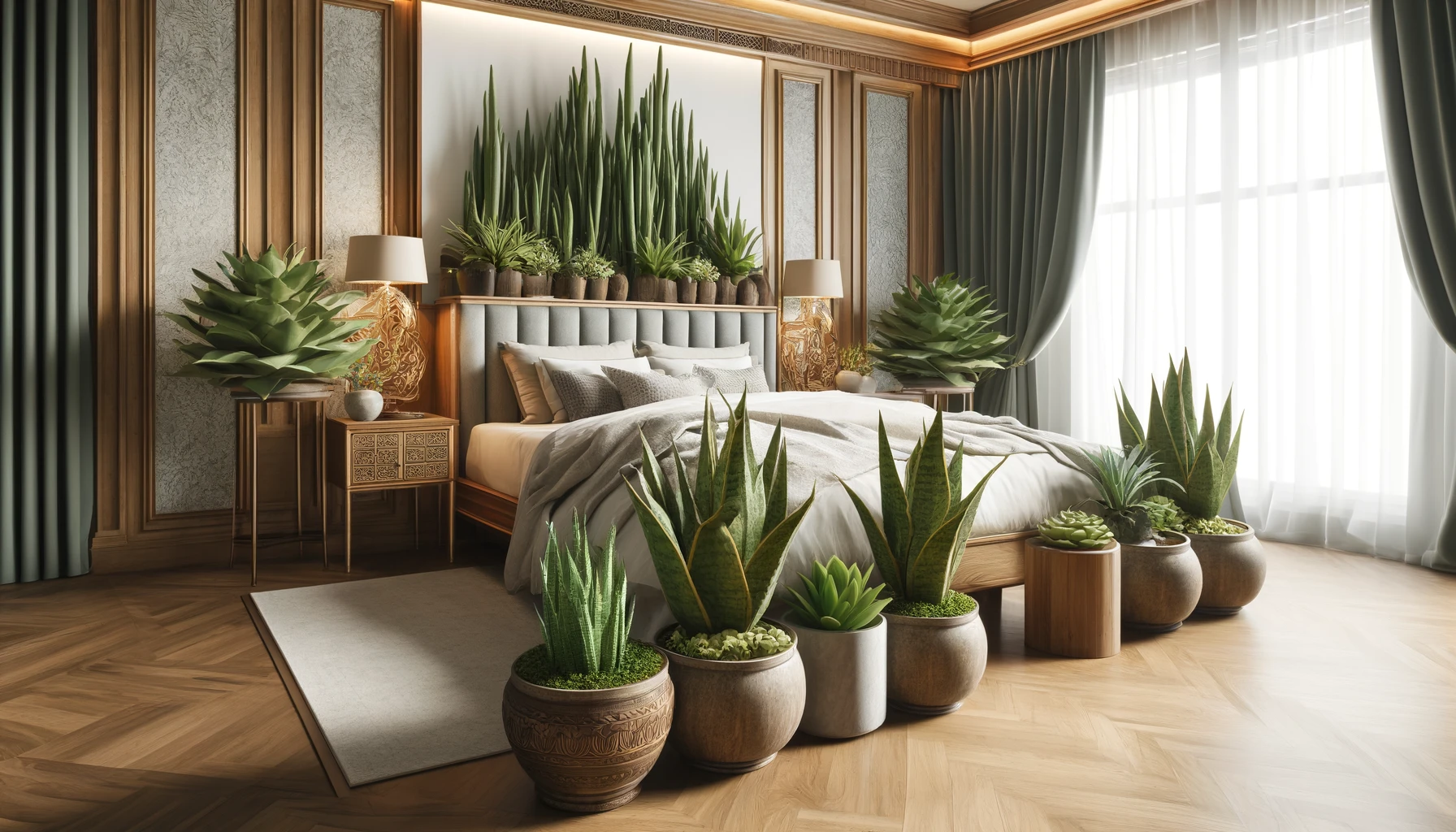 Hyper-realistic image of succulent snake plants in ornate wooden and stone pots within a luxurious bedroom. The scene features a plush bed with high-quality linens, elegant bedside tables, and soft ambient lighting that enhances the rich textures and colors of the plants. This tranquil and stylish environment highlights the snake plants as refreshing natural elements, contributing to the serene and sophisticated bedroom decor.